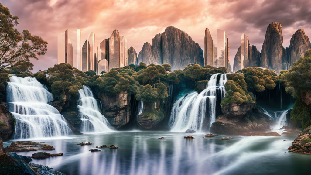 Tranquil landscape with waterfalls, river, greenery, and futuristic structures