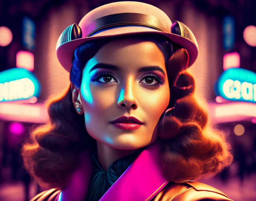 Vintage Fashion Woman in Hat and Scarf Against Neon City Backdrop