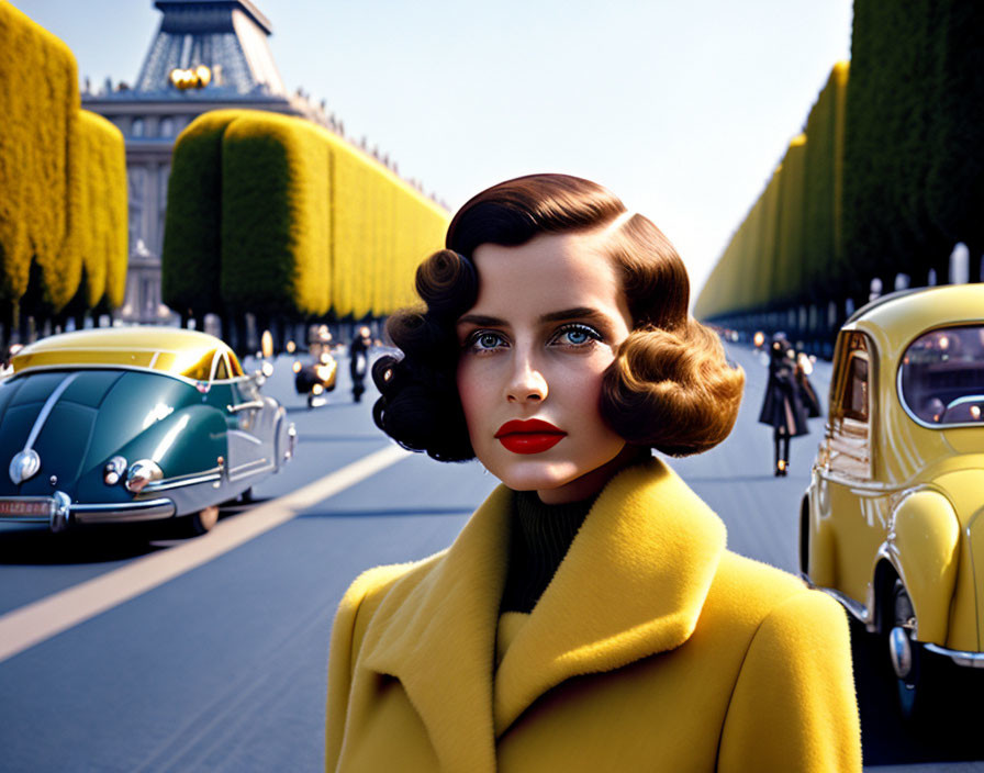 Vintage Hairstyle Woman in Yellow Coat on Classic Car Lined Street