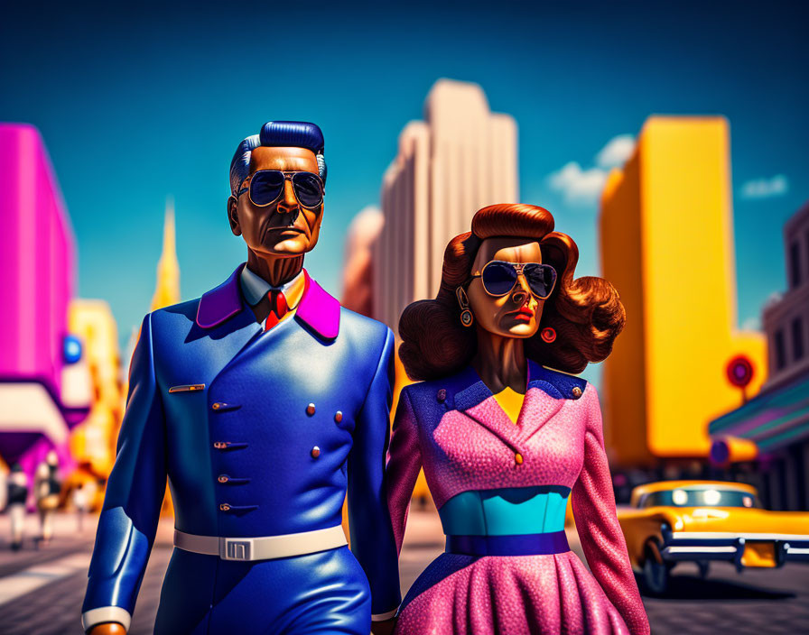 1950s sharp-dressed couple in blue and pink suits against city backdrop