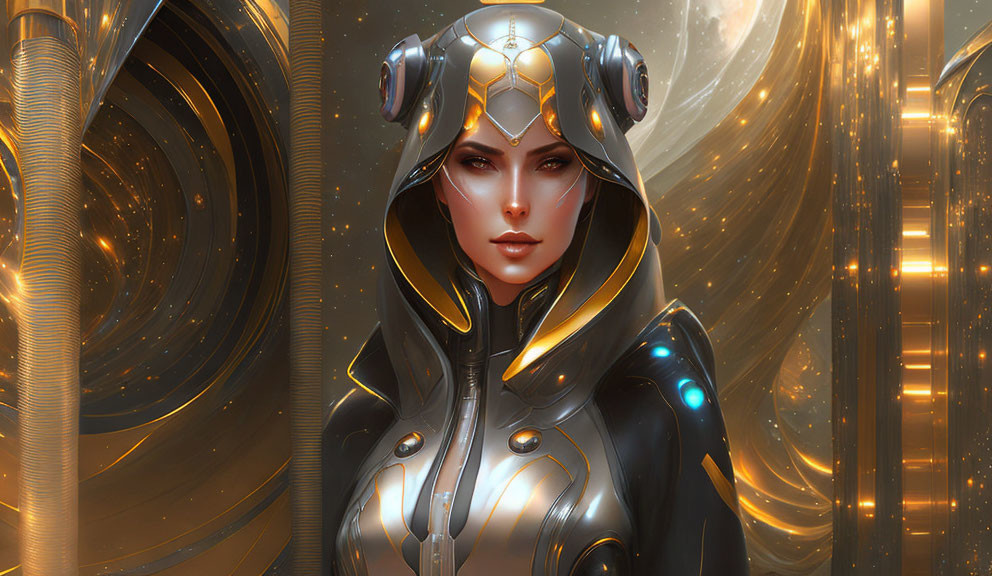 Futuristic armor woman portrait with glowing accents on golden background