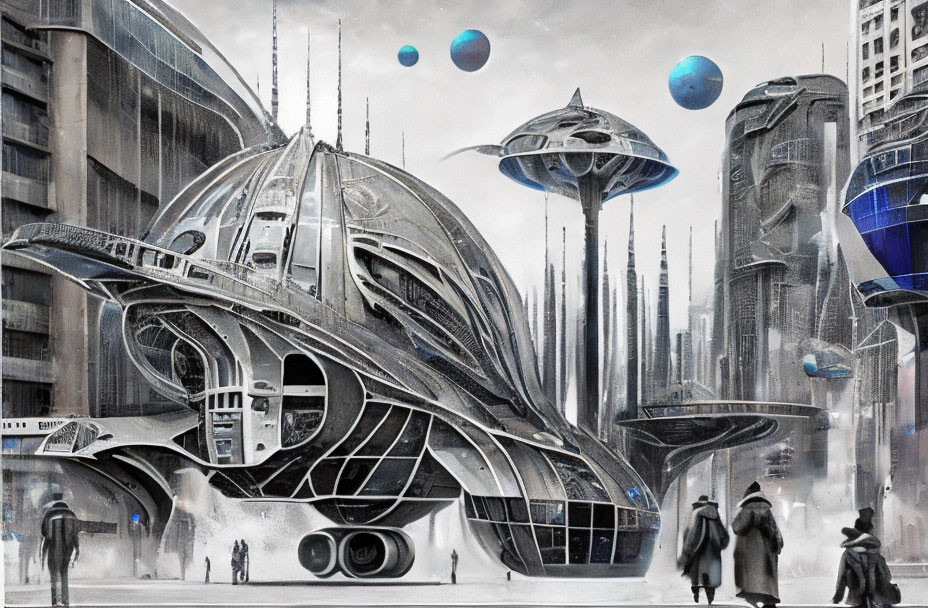 Futuristic cityscape with sleek buildings, spaceship-like structure, floating orbs, and people in coats