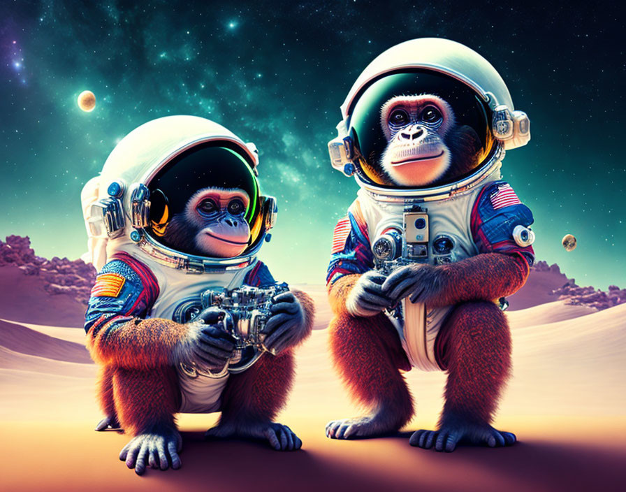 Two astronaut monkeys with cameras in Martian landscape