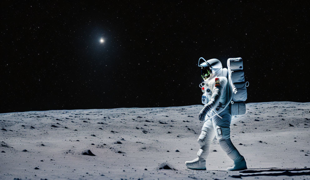 Astronaut in white spacesuit walking on moon's surface with Earth in background