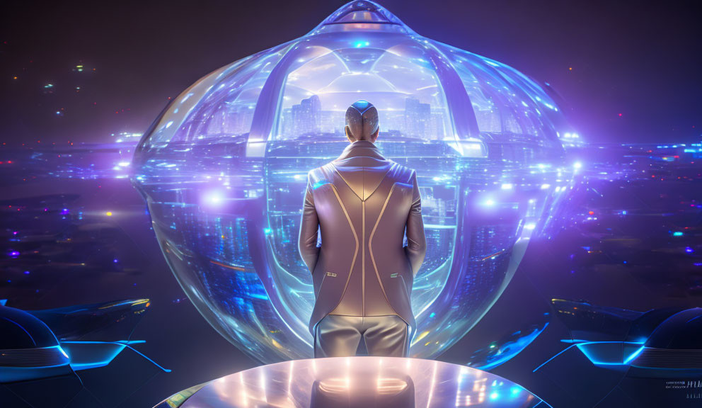 Futuristic figure with glowing orb in neon-lit cityscape