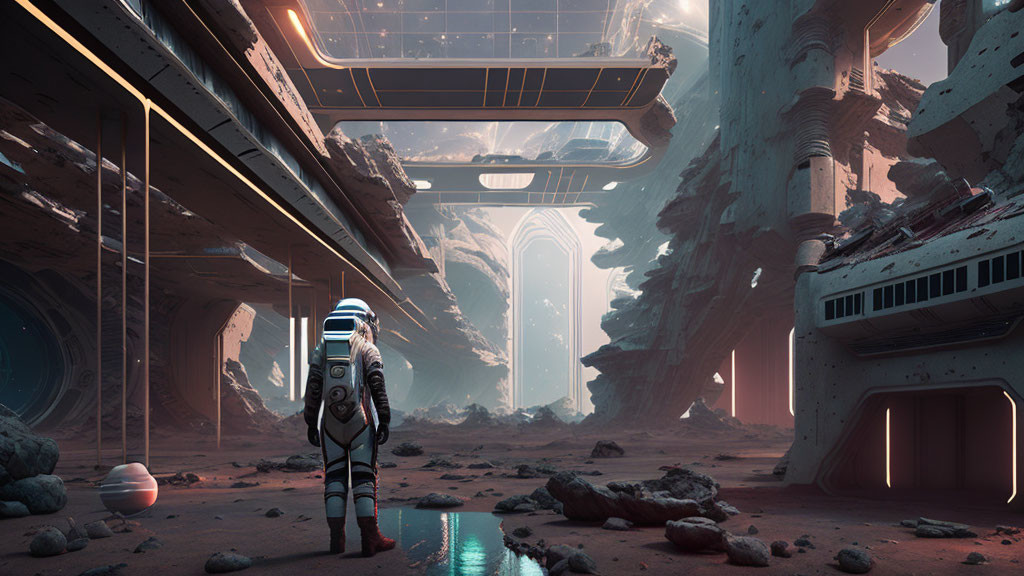 Astronaut on alien planet with ruins, futuristic structures, and distant sun