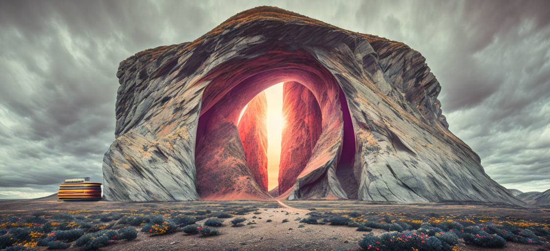 Majestic desert rock formation with glowing cave opening under dramatic sky