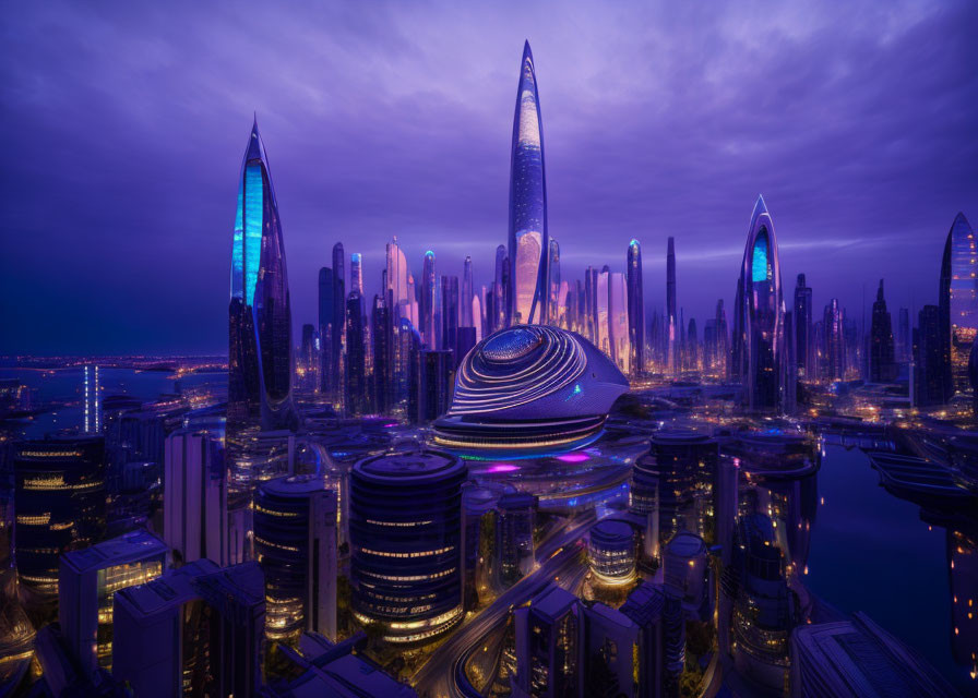 Neon-lit skyscrapers in futuristic city skyline at twilight