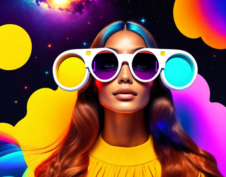 Woman with flowing hair in oversized round sunglasses against vibrant cosmic background