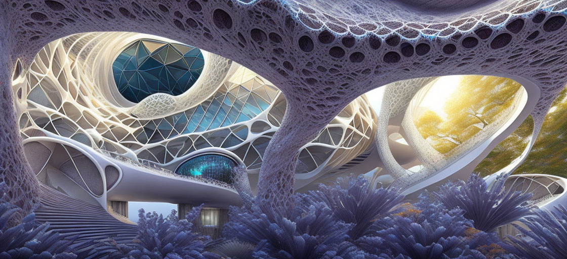 Futuristic interior design with organic shapes, bone-like structures, foliage, and patterns