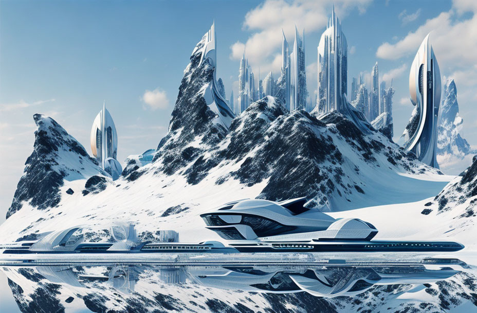 Sleek futuristic city in snow-covered mountains by calm lake