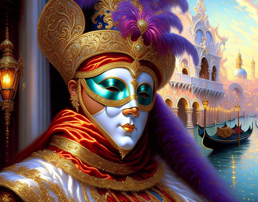 Person in ornate carnival mask with gold and feathers against Venetian backdrop