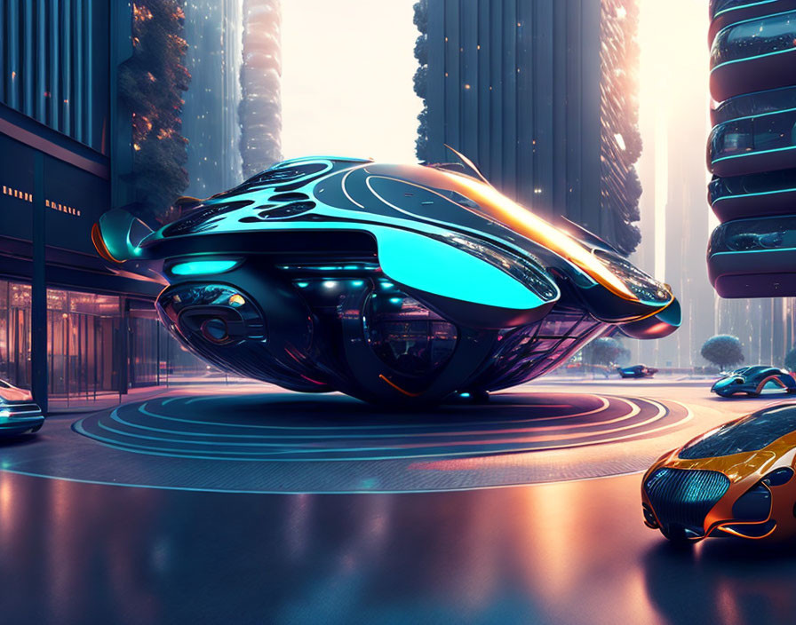 Futuristic flying vehicle over glowing road in neon-lit cityscape