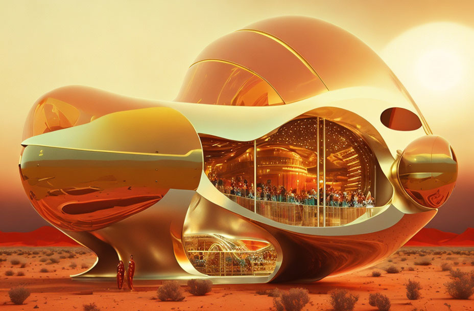 Modern desert building with glass windows and gold surfaces in sci-fi style