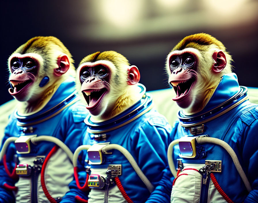 Three cartoon monkeys in astronaut suits with exaggerated facial expressions on dark background