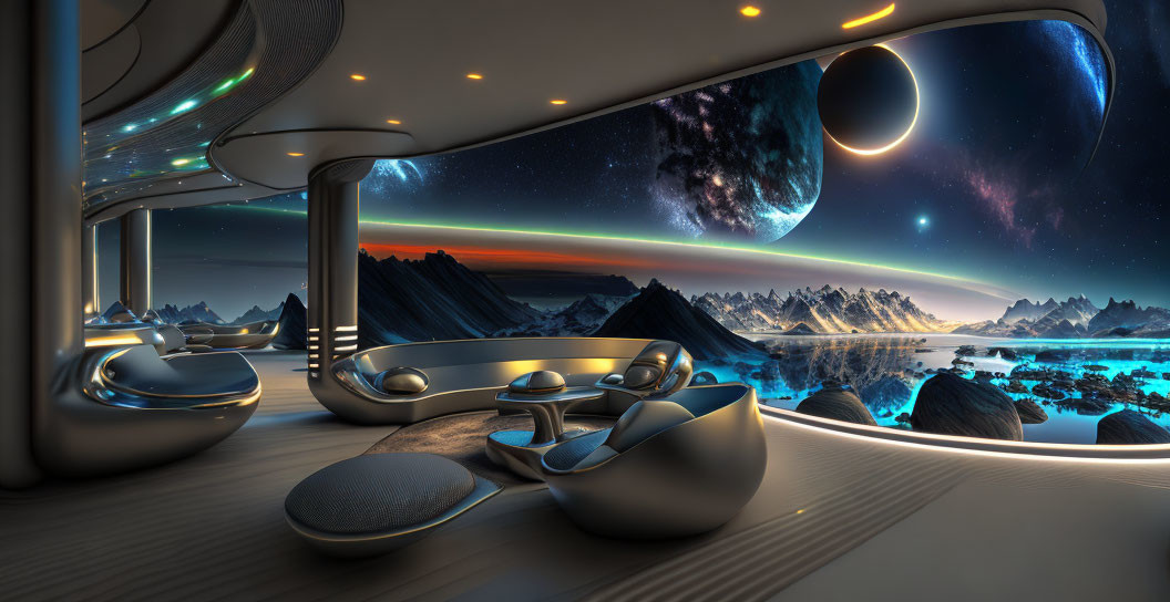 Modern interior design with futuristic furniture and stunning extraterrestrial view.