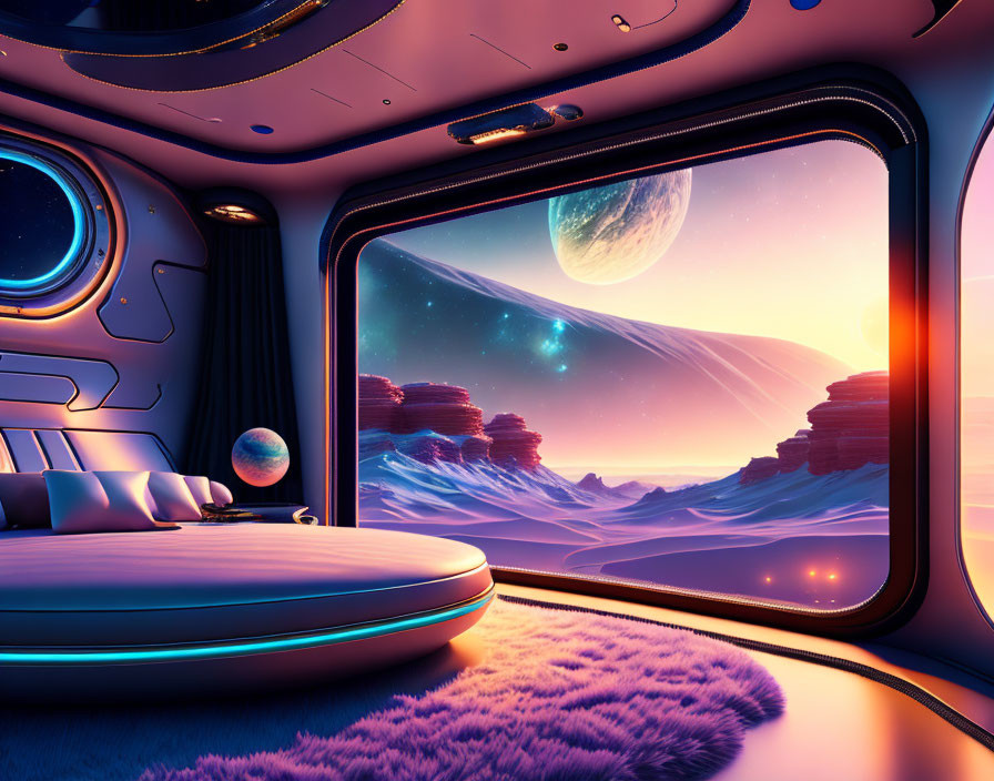 Futuristic Space Room with Large Window Overlooking Alien Desert Landscape