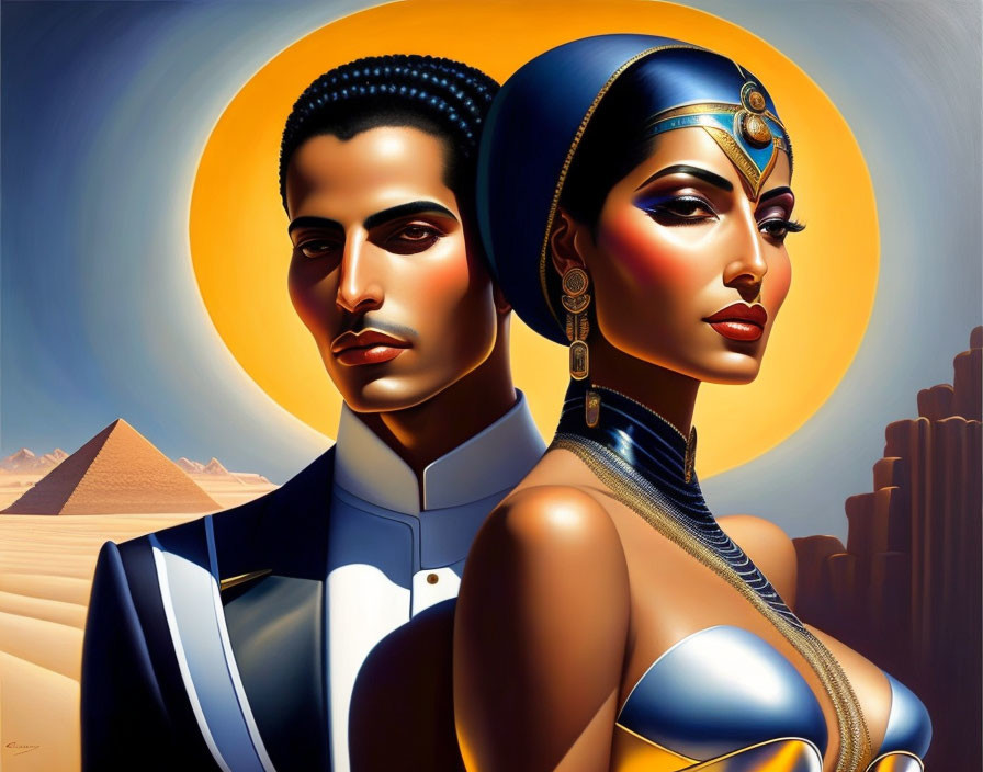 Stylized man and woman with Egyptian features against pyramid backdrop