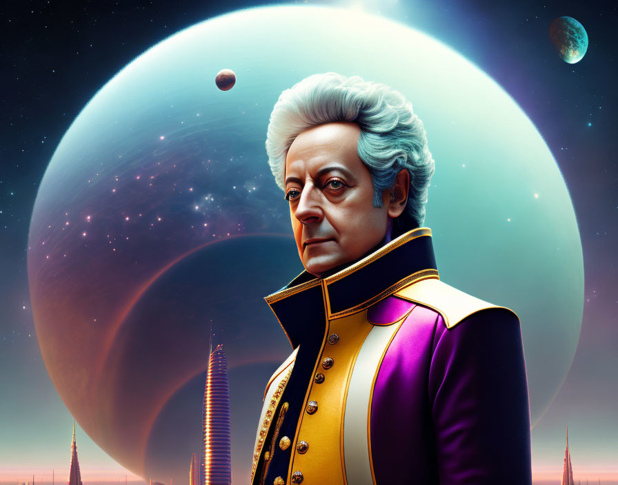 Digital Artwork: Mozart in Futuristic Uniform with Sci-Fi Space Backdrop