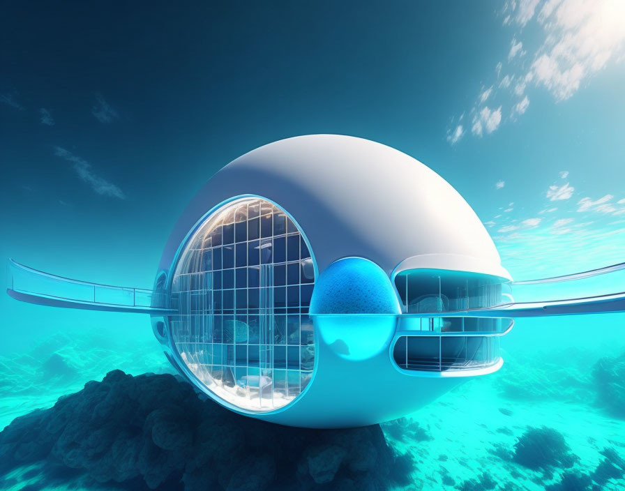 Modern underwater vessel with large viewing window exploring coral reefs in sunlit ocean