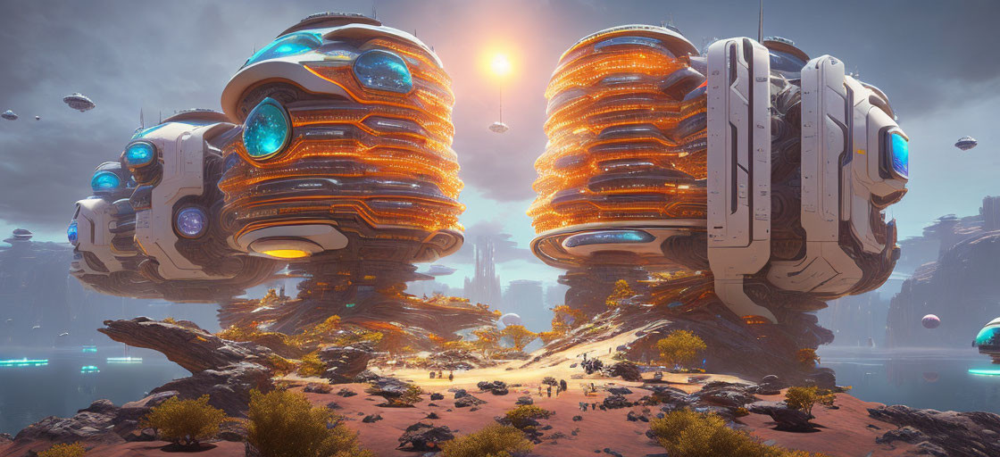 Futuristic cityscape with spherical buildings and flying vehicles