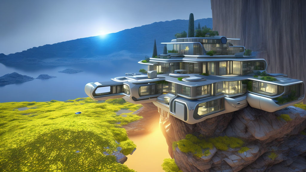 Cliffside house with multiple levels overlooking lake at sunset