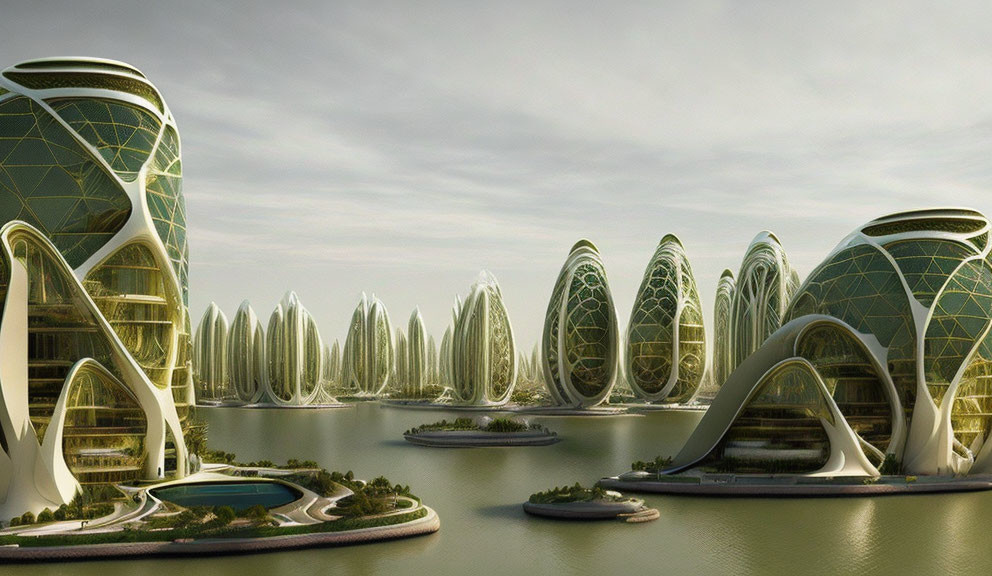 Futuristic cityscape featuring green-domed buildings along a serene waterway