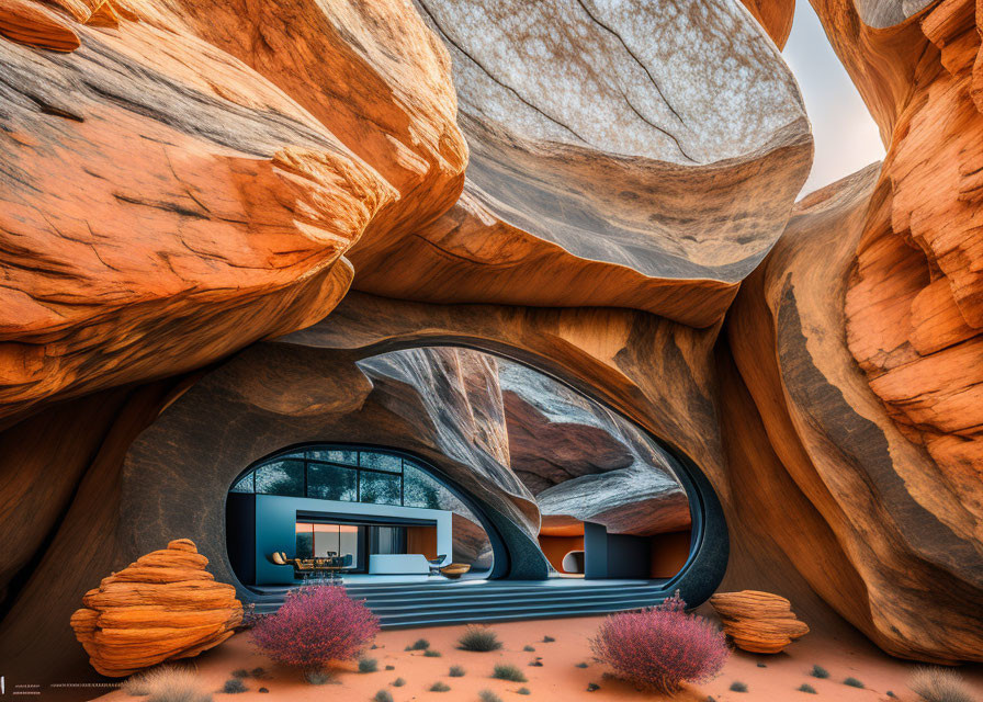 Modern House with Large Glass Windows in Surreal Red Rock Formation