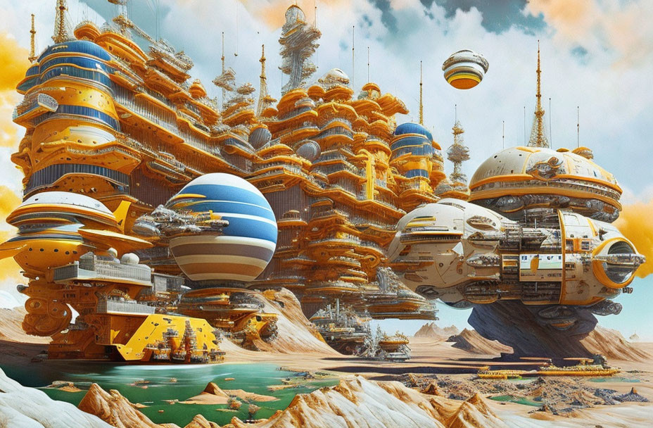 Futuristic cityscape with towering structures and flying vehicles