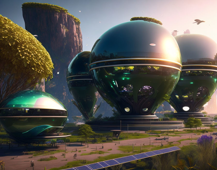 Futuristic Cityscape: Spherical Green Buildings, Flying Vehicles, and Lush Vegetation