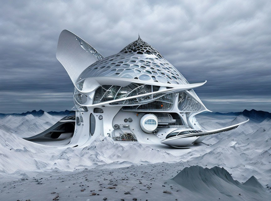 Organic futuristic building with white web-like structures in snowy landscape