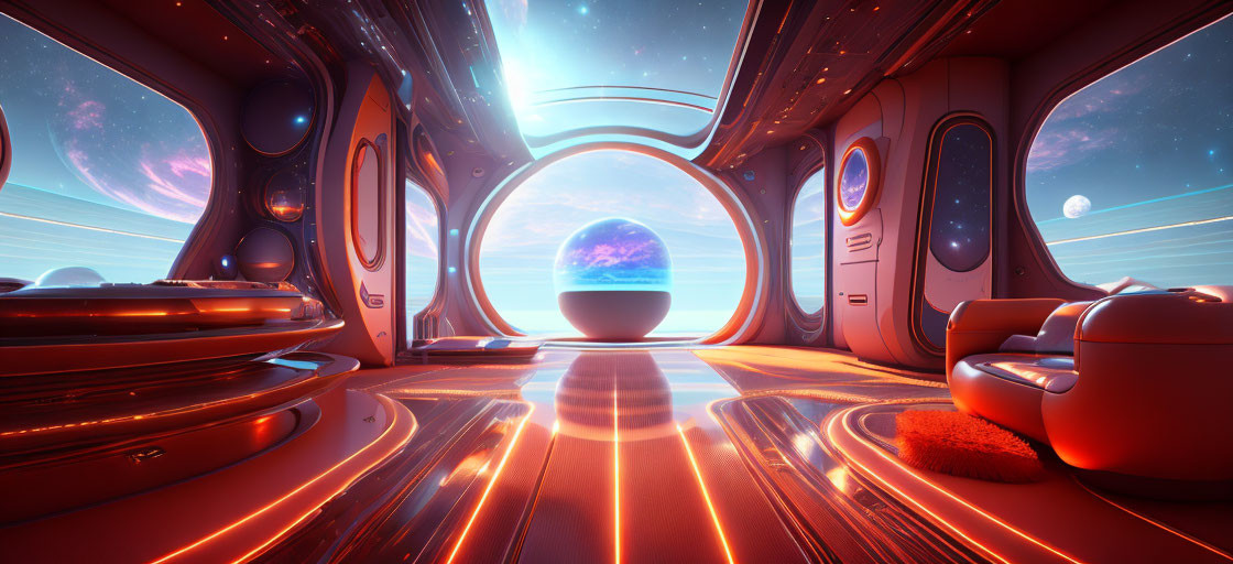 Sleek futuristic spaceship interior with cosmic landscape view