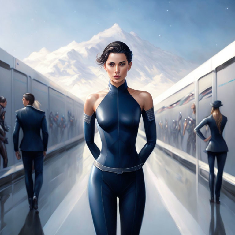 Confident woman in blue bodysuit in futuristic corridor with snowy mountain.