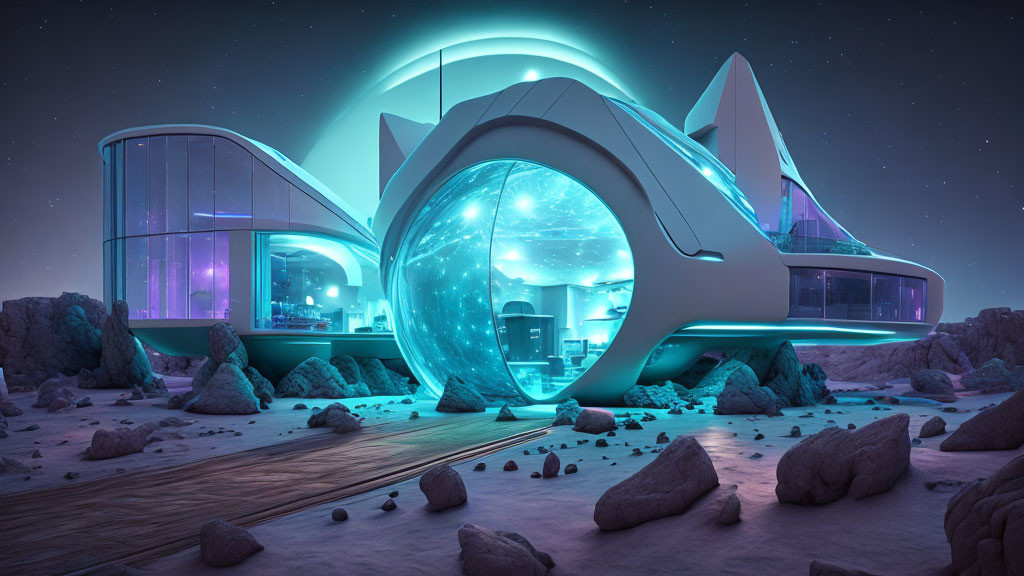 Futuristic building with neon lights in barren landscape at night