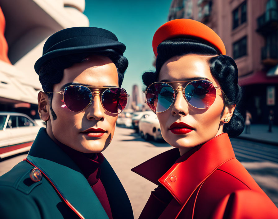 Vintage Uniformed Duo Poses on Sunny City Street