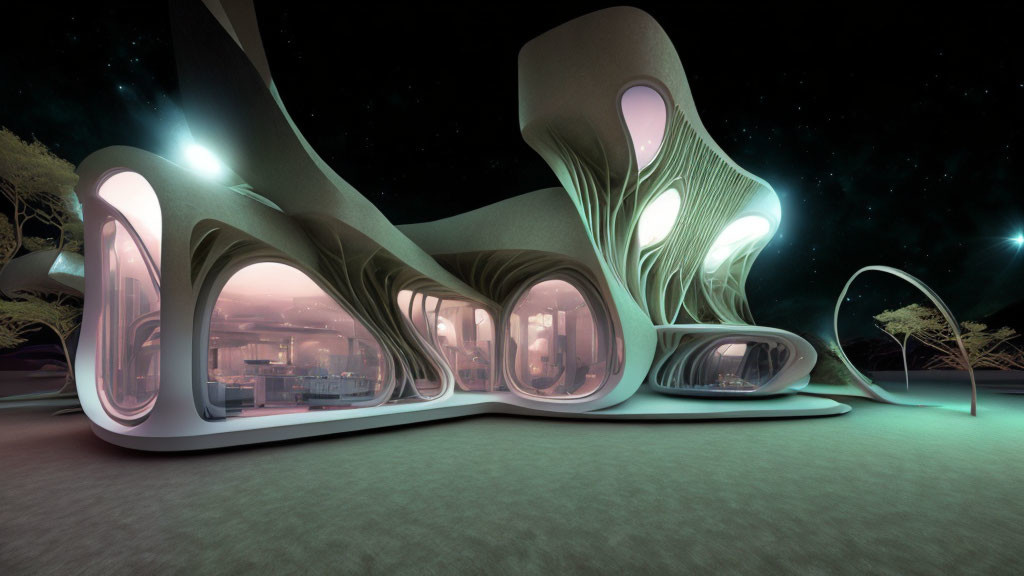 Organic curved futuristic building with glass panels at night