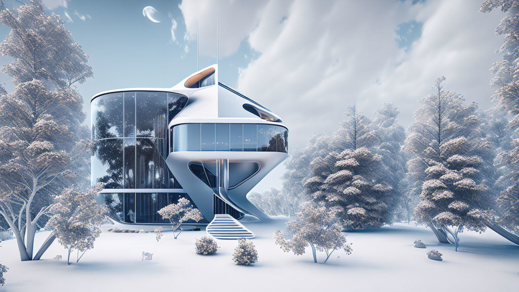 Curved futuristic house in snowy landscape with crescent moon