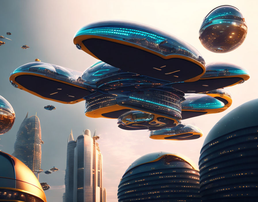 Futuristic cityscape with flying vehicles and sleek domed architecture