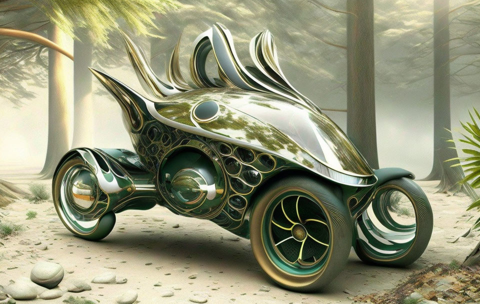 Sleek Organic Design Futuristic Vehicle in Green Forest Setting