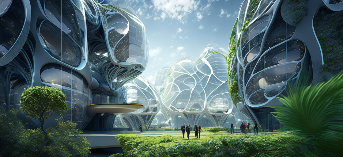 Futuristic cityscape featuring organic-shaped glass buildings and lush greenery.