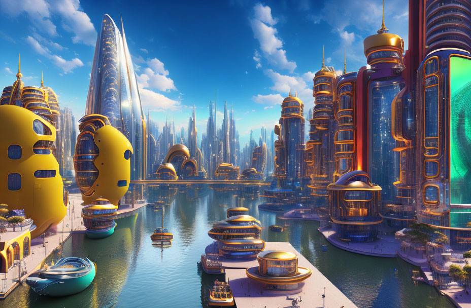 Futuristic cityscape with sleek skyscrapers and advanced boats on waterway