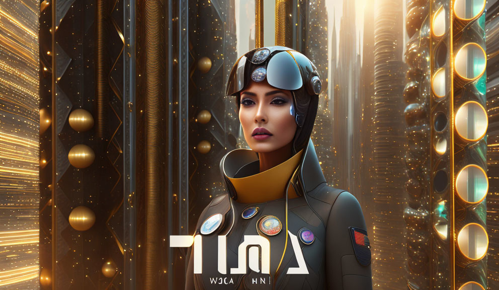 Futuristic female character in stylized helmet and space suit with golden vertical lines and circular lights