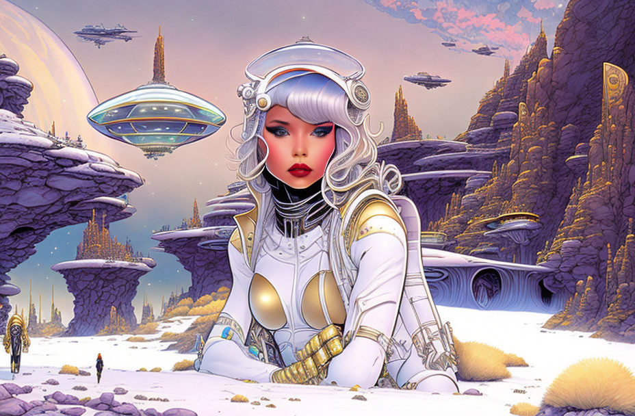 Futuristic female figure in white-and-gold armor on alien landscape