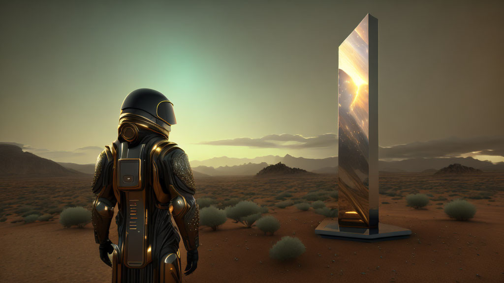 Astronaut in desert with tall monolith at sunset