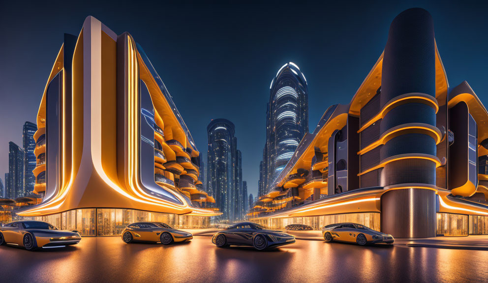 Futuristic Twilight Cityscape with High-rise Buildings and Concept Cars