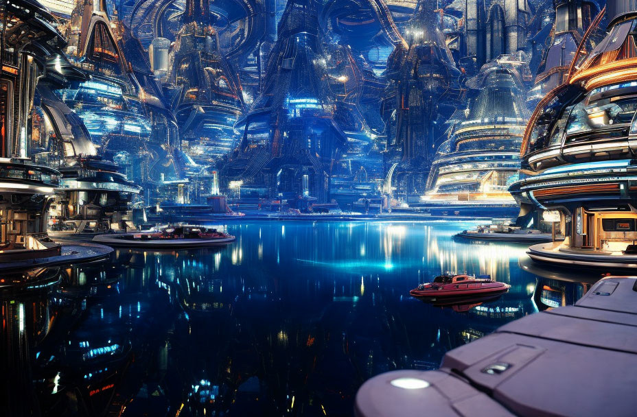 Futuristic cityscape with neon-lit towers and calm waters.