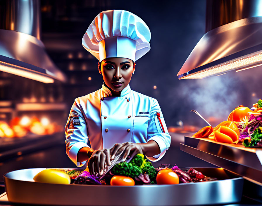 Chef in traditional white uniform cooking in modern kitchen with blue and orange lighting