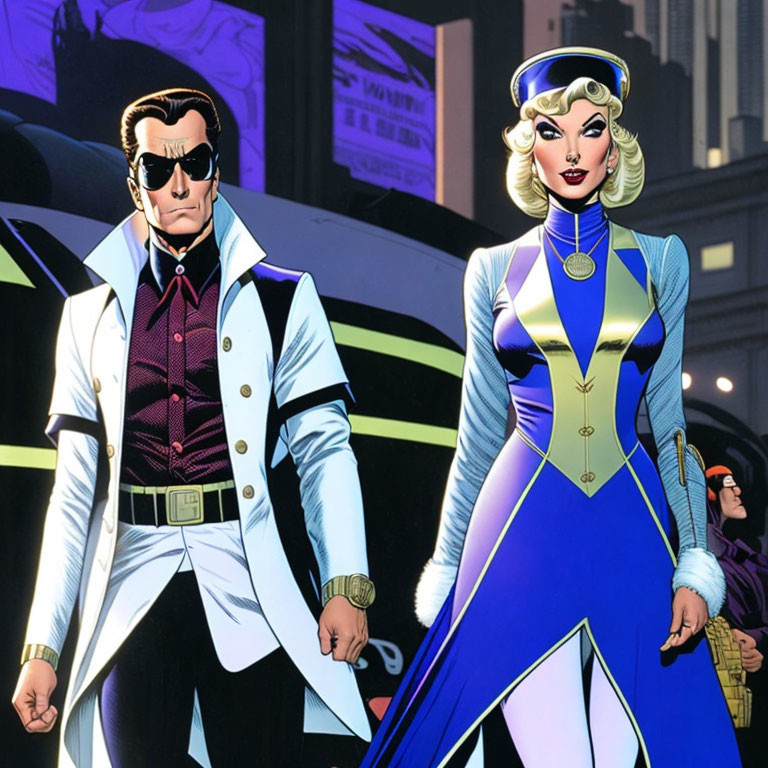 Male and female superheroes in white and blue costumes in cityscape.