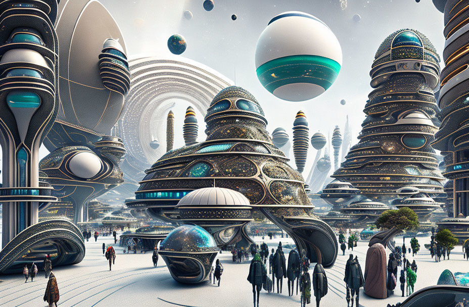 Futuristic cityscape with organic-shaped buildings and floating spheres.