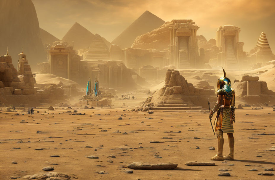 Ancient Egyptian warrior gazes at desert city with pyramids and statues